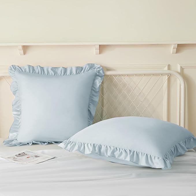 KKJIAF Ruffle Pillow Cases 26x26 Inches, Dusty Blue Square Ruffled Pillow Covers Set of 2, Microfiber Wrinkle Resistant Pillow Shams with Envelope Closure for Sofa Bed Living Room