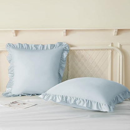KKJIAF Ruffle Pillow Cases 18x18 Inches, Dusty Blue Square Ruffled Pillow Covers Set of 2, Microfiber Wrinkle Resistant Pillow Shams with Envelope Closure for Sofa Bed Living Room