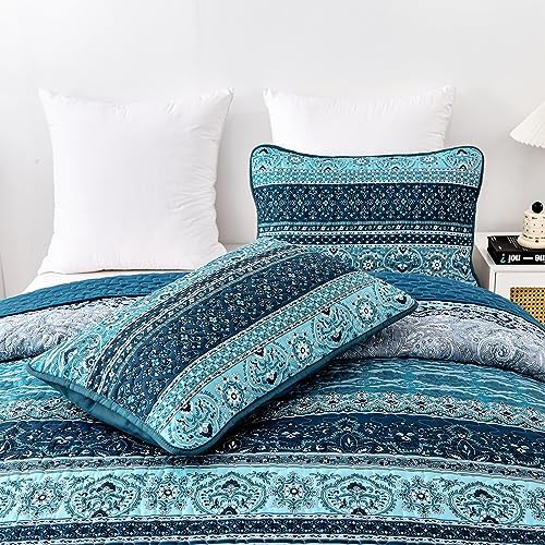 WONGS BEDDING Boho California King Quilt Bedding Set, 3 PCS Bedspread,Blue