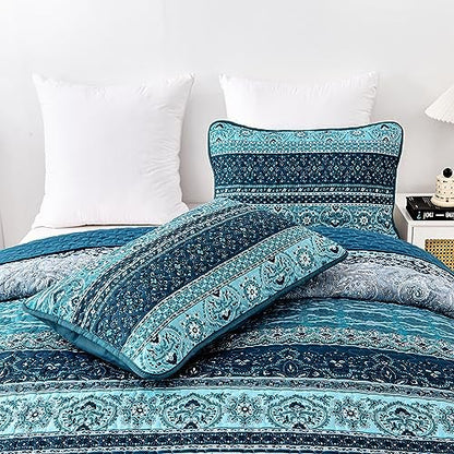 WONGS BEDDING Boho California King Quilt Bedding Set, 3 PCS Bedspread,Blue