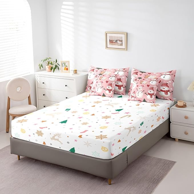 Cute Snowman King Comforter Set with Sheets Bed in a Bag, 7 Pcs, Christmas Trees Gifts, Red Hearts Winter Snow Bedding Sets, Flat, Fitted Sheet, Pillowcases, Pillow Covers