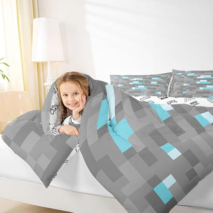 Pixelated Blocks Miners Comforter Set King Size,Video Games Game Gamepad Kids Bedding Set,Geometric Grid Patchwork Quilt Comforter,Gray Blue Duvet Insert,2 Pillowcases