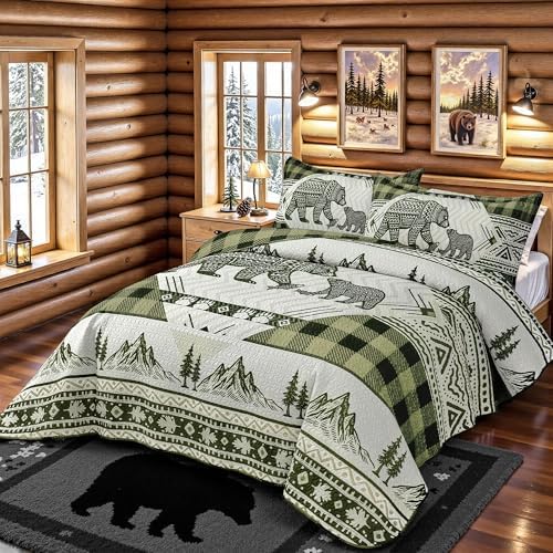 3 Piece Cabin Full/Queen Quilt Sets Farmhouse Rustic Reversible Microfiber Soft Lightweight Bedspread Comforter with 2 Shams Patchwork Country Lodge Bedding Quilts Set for All Season, 90''x96'', Green