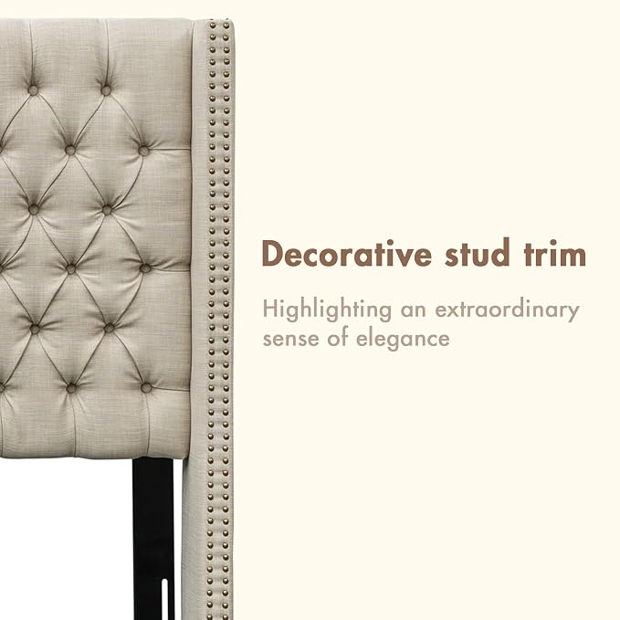 Madison Park Queen Wingback Upholstered Tufted Headboard, Featuring High-Density Sponge Padding, Adjustable Height Headboard, Easy Assembly, Beige Woven