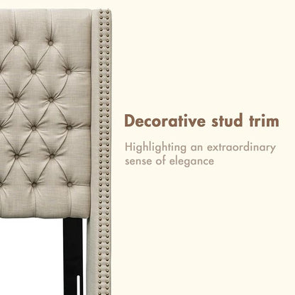 Madison Park Queen Wingback Upholstered Tufted Headboard, Featuring High-Density Sponge Padding, Adjustable Height Headboard, Easy Assembly, Beige Woven