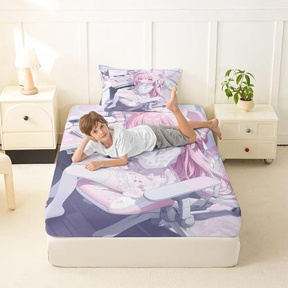 Erosebridal Kawaii E-Sports Girl Fitted Sheet Twin 3D Japanese Girl Bed Sheets for Boys Girls Girly Gaming Bed Set Anime Gifts for Her Sheets with 1 Pillowcase