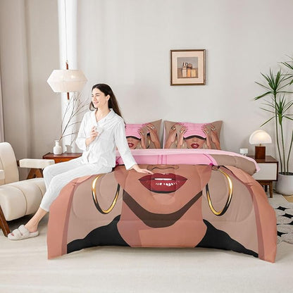 Erosebridal Black Girls Queen 7 Piece Bedding Set Fashion Black Woman Comforter Sets for Kids Vogue Fashionable Gorgeous Sheet Set African Princess Magical Bed in A Bag with Flat and Fitted Sheet