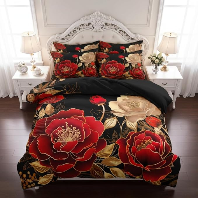 Black and Red Comforter Set Girls King Size Vintage Floral Bedding 3 Pcs Luxury Botanical Flower Quilted Comforter for Elegant Women Bedroom Decor,Red Gold/104"x90"