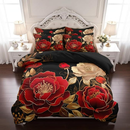 Black and Red Comforter Set Girls King Size Vintage Floral Bedding 3 Pcs Luxury Botanical Flower Quilted Comforter for Elegant Women Bedroom Decor,Red Gold/104"x90"