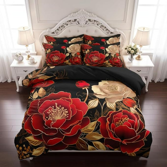 Black and Red Comforter Set Girls King Size Vintage Floral Bedding 3 Pcs Luxury Botanical Flower Quilted Comforter for Elegant Women Bedroom Decor,Red Gold/104"x90"