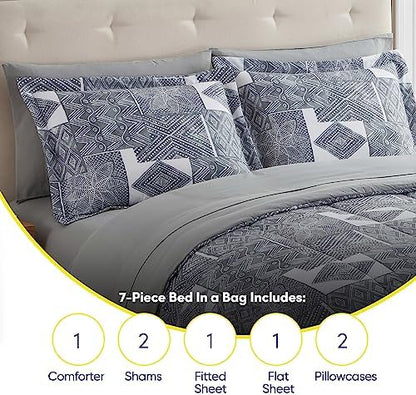 Sweet Home Collection 7 Piece Comforter Set Bag Solid Color All Season Soft Down Alternative Blanket & Luxurious Microfiber Bed Sheets, Tulsa, Full