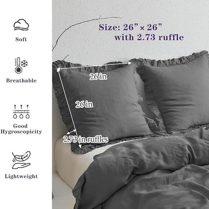 Simple&Opulence 100% Linen Euro Sham Covers with Ruffle, 26x26 Inch Pillow Covers Set of 2, Euro Pillow Shams for Bed Couch French Home Decor Luxury and Breathable Square Pillow Cases, Dark Grey