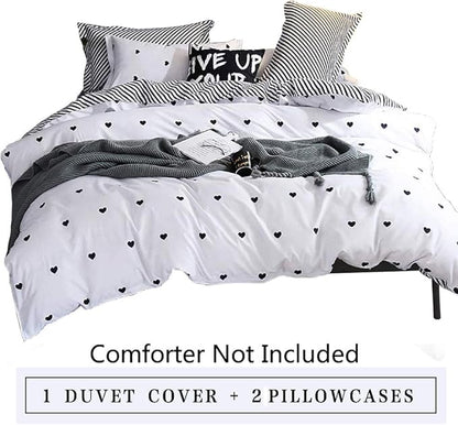 Omelas Kids Heart Love Twin Duvet Cover Set Black and White Teens Girls Lovely Heart-Shaped Pattern Striped Reversible Bedding Soft Breathable Quality Brushed Microfiber (3 Pcs,XD,T)
