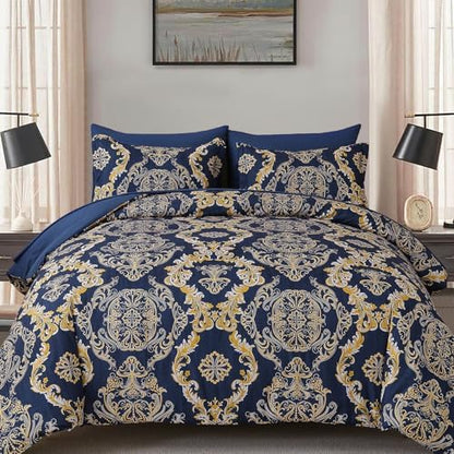 WONGS BEDDING Blue Gold Comforter Set Queen Size,Damask Texture 7 Pieces Bed in a Bag Microfiber Comforter Bedding Sets -1 Comforter, 1 Flat Sheet, 1 Fitted Sheet, 2 Pillow Shams, 2 Pillowcases