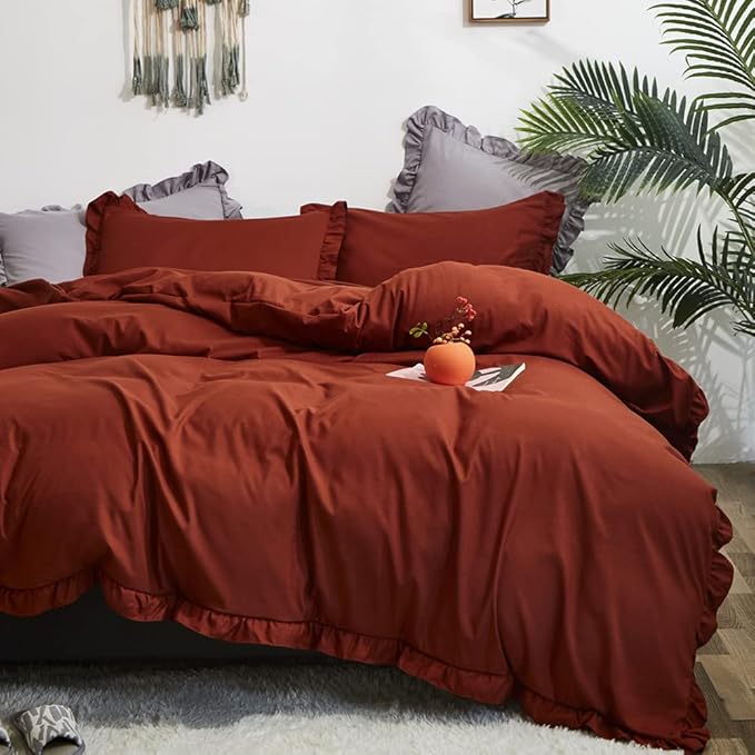 CLOTHKNOW Terracotta Ruffles Full Size Comforter Set 3Pcs Rust Farmhouse Bedding Comforter Sets Burnt Orange Comforter Soft Shabby Chic Comforter Vintage Rustic Bedding Sets