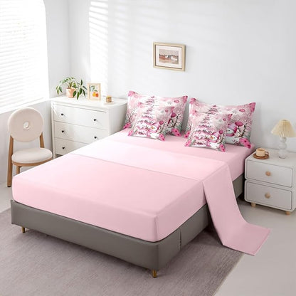 Pink Christmas Tree Comforter Set 7 Pieces,Cute Snowman Winter Bed Set,Xmas Theme Flowers Leaves Bedding King with 1 Comforter,1 Fitted Sheet,1 Flat Sheet,2 Pillowcases,2 Throw Pillow Cover