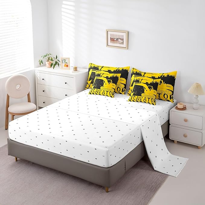 Erosebridal Excavator Comforter Set 7 Piece Bed in a Bag Twin,Construction Vehicle Bedding Sets Big Wheel Car Sheet Set with Comforter