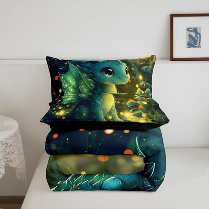 Feelyou Dragon Comforter Set King Size Dragon Stuff Comforter for Boys Girls Teens Kawaii Bedding Set Dragon Decor Duvet Set Room Decor Bright Green Quilt Set