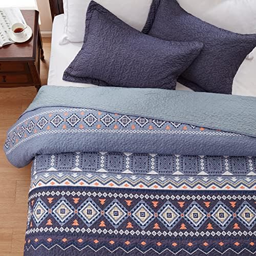 LEAONME Quilt Set Full/Queen Size 3 Piece Bedspread Coverlet Lightweight Comforter Microfiber Bedding Set for All Season Oversized 90x98 Inch Bed Cover Bohemian Navy Blue(1 Quilt,2 Pillow Shams)