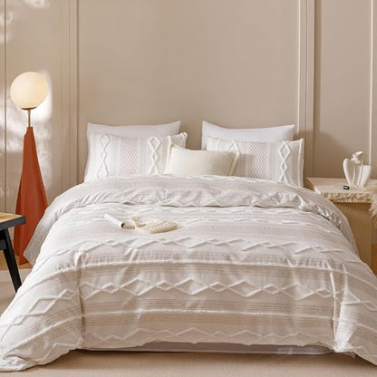 CLOTHKNOW Ivory Bohemian Queen Comforter Set Jacquard Stripes Bedding Comforter Sets Farmhouse White Comforters with 2 x Pillow Cases