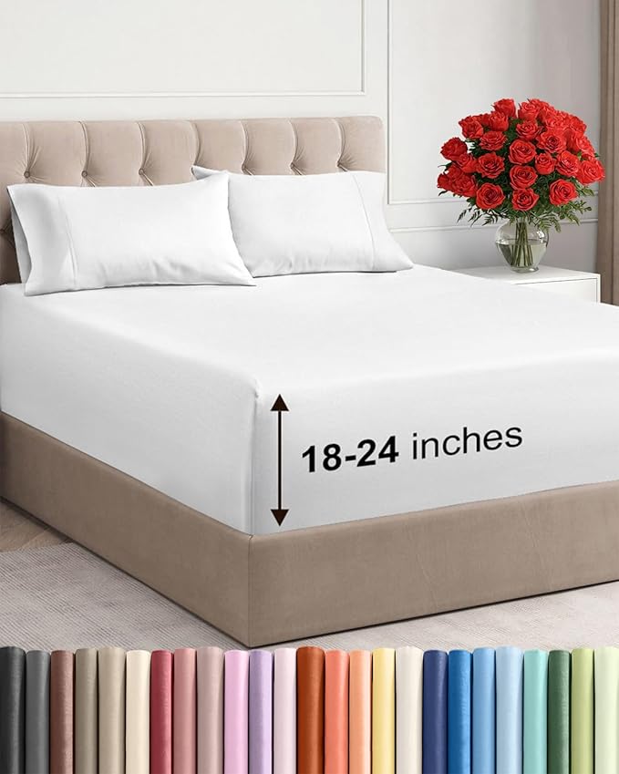 Extra Deep Twin XL Sheet Set - 4 Piece Breathable and Cooling Sheets - Hotel Luxury Bedding for Women, Men, Kids & Teens - Easy & Secure Fit - Soft, Wrinkle Free and Comfy - Extra Deep Pockets - White