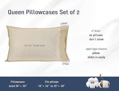 Pillow Cases, Standard Queen Size Cotton Percale Weave Pillowcases, Pre-Shrunk Breathable and Hypoallergenic Pillowcases, Set of 2 (2 Piece Standard/Queen 20 Inch x 30 Inch, Light Brown)