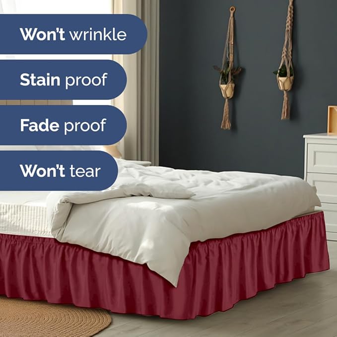 Wrap Around Dust Ruffle Bed Skirt - Burgundy - for King Size Beds with 12 Inch Drop - Easy Fit Elastic Strap - Adjustable Pleated Bedskirt w/Brushed Fabric Wrinkle Free - for Women, Men, Kids & Teens