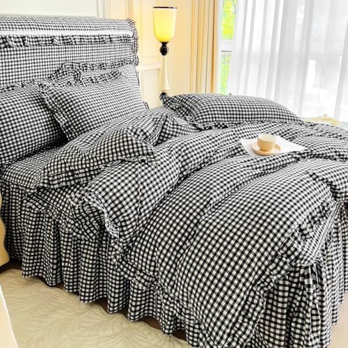 LifeTB Black Gingham Comforter Set King Ruffle Checkered Plaid Comforter Set 3 Pieces Boho Grid Bed Comforter with 2 Pillowcases Fluffy Soft Vintage Checkered Lightweight Gingham Bedding Set King