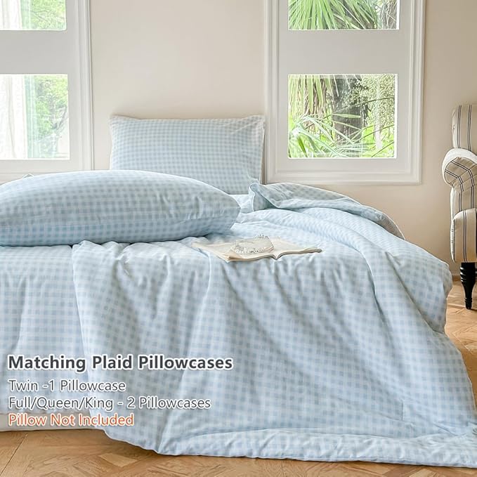 NSNLGSGC Light Blue Gingham Cotton Comforter Set King, 100% Washed Cotton Blue Plaid Checked Comforter Bedding, 3 Pieces Vintage Farmhouse Grid Bedding Set(Light Blue Gingham, King)