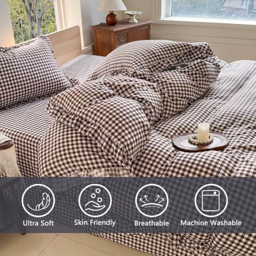 NSNLGSGC Mocha Gingham Ruffle Queen Duvet Cover