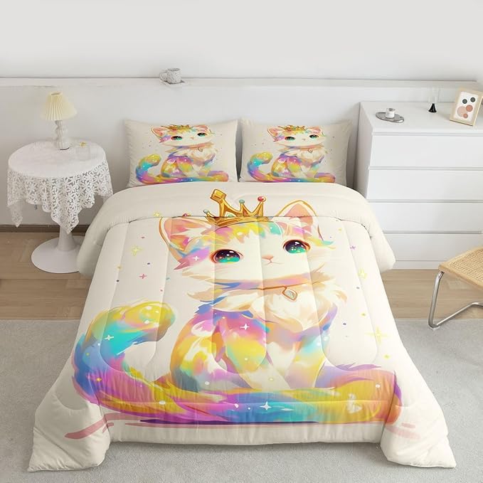 Erosebridal 3D Anime Cat Bedding for Animal Lovers Cartoon Lovely Cat Comforter Set Full, Kawaii Colorful Cat Bedding Comforter Sets for Girls Boys Kids Cartoon Gifts Decor for Bedroom