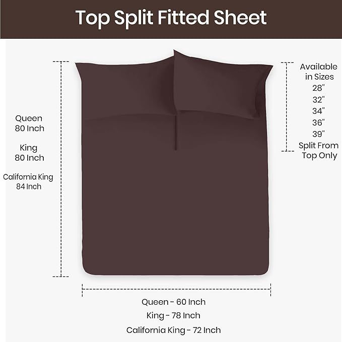 SGI bedding 36" King Split Top Flex Head Sheet Set 1800 Threads Flex Top Sheet for Adjustable Bed 4 Piece Sheet Set 15" Deep Pocket for Sleep Number Bed - Chocolate
