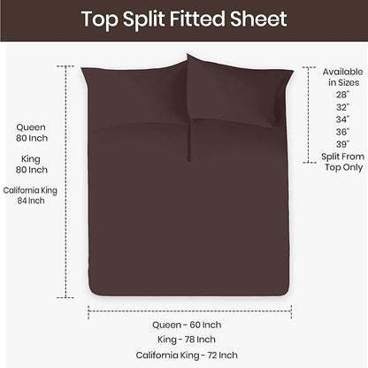 SGI bedding 36" King Split Top Flex Head Sheet Set 1800 Threads Flex Top Sheet for Adjustable Bed 4 Piece Sheet Set 15" Deep Pocket for Sleep Number Bed - Chocolate