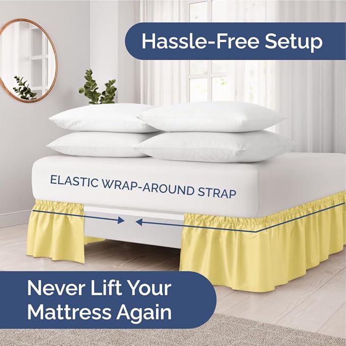 Wrap Around Dust Ruffle Bed Skirt - Yellow - for Queen Size Beds with 21 Inch Drop - Easy Fit Elastic Strap - Adjustable Pleated Bedskirt w/Brushed Fabric Wrinkle Free - for Women, Men, Kids & Teens