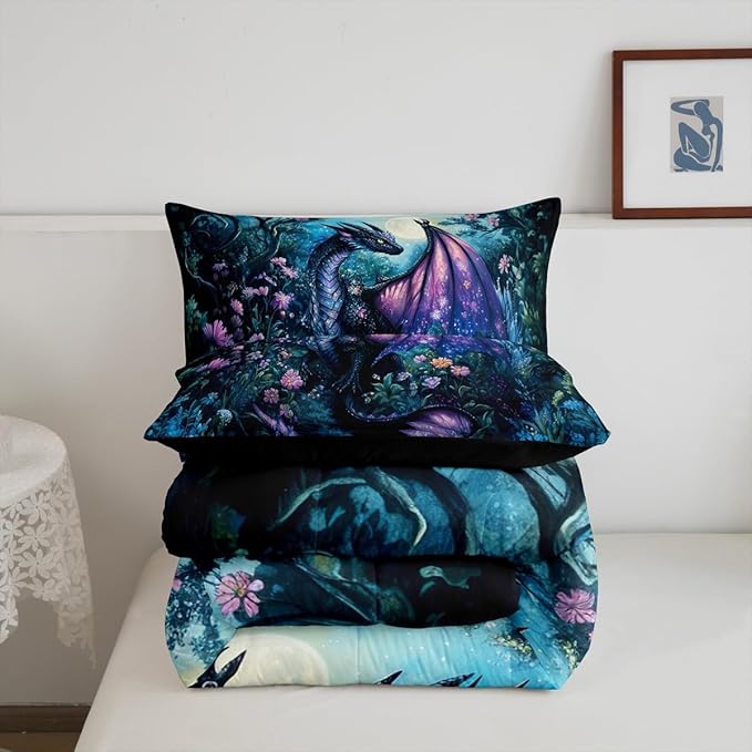 Feelyou Dragon Comforter Set Full Size Comforter for Boys Girls Teens Wild Life Bedding Set Jungle Dragon Duvet Set Room Decor Balck Blue Quilt Set