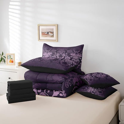 Erosebridal Gothic Damask Bed in a Bag King Size Comforter Set 7 Pieces,Butterfly Skull Bedding Sets Purple Victorian Floral Goth Sheet Set with Comforter