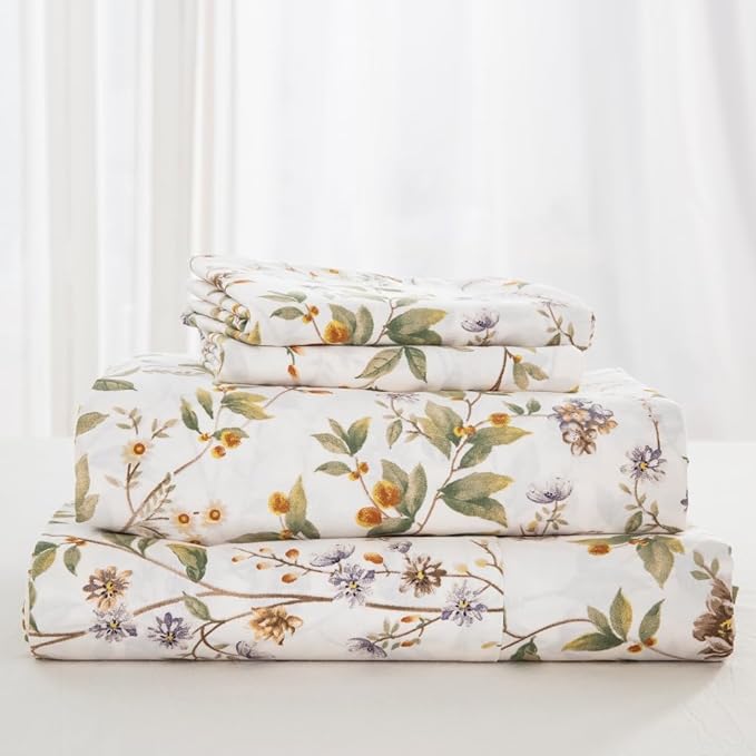 DAUAOTO 100% Cotton Bedding Printed Sheets Set for King Size Bed Up to 14" Deep Mattress, Farmhouse Pattern Bedlinen Sets, Botanic Green