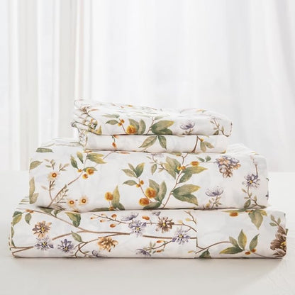DAUAOTO 100% Cotton Bedding Printed Sheets Set for Full Size Bed Up to 14" Deep Mattress, Farmhouse Pattern Bedlinen Sets, Botanic Green
