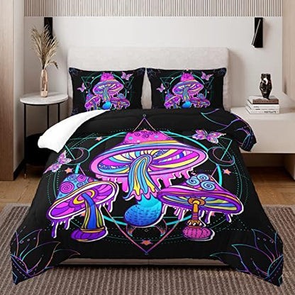 HOSIMA Mushroom Bedding Comforter Sets, Forest Fungi Plant Theme Cartoon Butterfly Mushroom Decor Toddler Comforter Set,Magic Hexagram Black Twin Comforter Set with 2 Pillowcases.