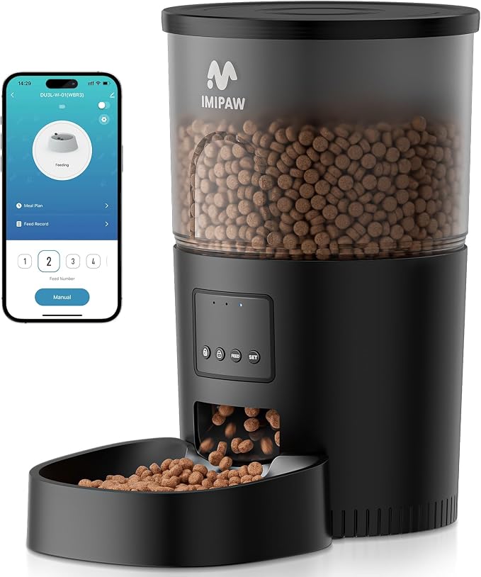 IMIPAW Automatic Cat Feeder, 5G WiFi Cat Food Dispenser with APP Remote Control, Pet Dry Food Smart Feeder, Programmable Timed Feeding, Dual Power Supply, 1-10 Meals Per Day, Desiccant Bag, Small pets