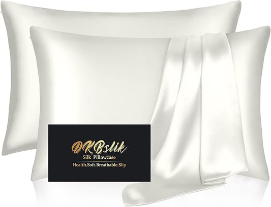 Silk Pillowcase 2 Pack, Mulberry Silk Pillow Cases Queen Size Set of 2, Anti Acne Silk Pillowcase for Hair and Skin, Natural Silk Satin Pillowcases Gifts for Women Men 2 Pack with Zipper, Ivory