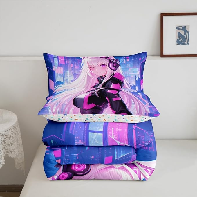 Erosebridal Full Anime Girl Comforter Set 3 Piece, Kawaii Japanese Anime Bedding Set Cartoon Girl Bedding Comforter Sets Sci Fi Style Japanese Animation Quilt for Kids Girls Teens Adult Room