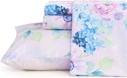 JSD Purple Hydrangea Floral Sheet Set Full Size, 4 Piece Printed Microfiber Bed Sheets Deep Pocket