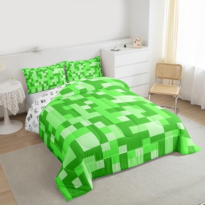 Pixelated Miners Game Kids Bedding Set King Size,Video Games Gamepad Gaming Comforter Set,Geometric Square Quilt Comforter,Light Green Bedroom Duvet Insert,2 Pillowcases