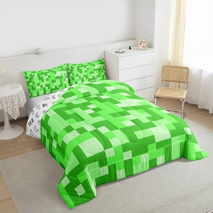 Pixelated Miners Game Kids Bedding Set King Size,Video Games Gamepad Gaming Comforter Set,Geometric Square Quilt Comforter,Light Green Bedroom Duvet Insert,2 Pillowcases