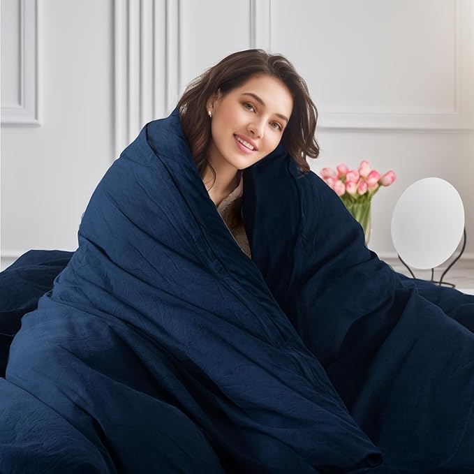 NEXHOME PRO Queen Duvet Cover Set, 100% Certified Organic Cotton with Washed Feel & Linen-Like Texture, Comfortable & Breathable, Home Bedding Set Navy (No Comforter)