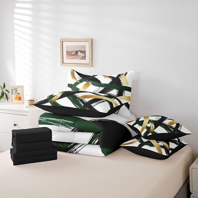 Erosebridal Black Green Gold Abstract 7 Piece Comforter Set King Modern Minimalist Line Geometric Bedding Set Minimalist Simple Sketch Art Bed in A Bag Cool Unique Contemporary Sheet Set