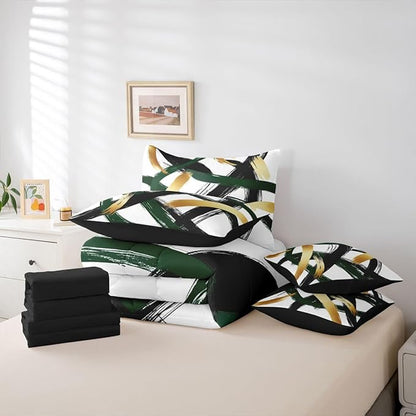 Erosebridal Black Green Gold Abstract 7 Piece Comforter Set Twin Modern Minimalist Line Geometric Bedding Set Minimalist Simple Sketch Art Bed in A Bag Cool Unique Contemporary Sheet Set