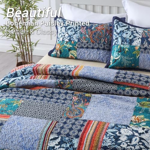 Yvooxny Queen Quilt Set Reversible Lightweight Bohemian Paisley Patchwork Cotton Quilted Bedspread Coverlet Set 3-Piece Bedding Set with Shams for All Seasons, Queen Size, 98 * 90 Inches