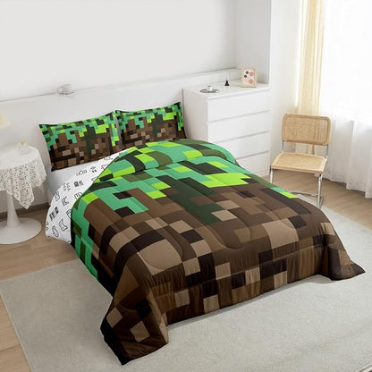 Miners Pixel Checked Kids Comforter Set Twin Size,Video Games Check Lattice Bedding Set Boys Girls Room Decor,Game Cartoon Gamepad Quilt Comforter,Green Brown Duvet Set Bedroom Quilt Set,1 Pillowcase